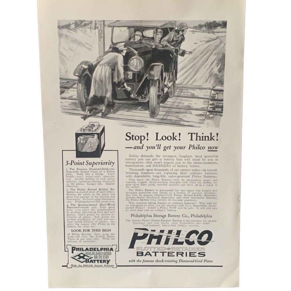 Vintage Philco Batteries Stop Look Think Ad Advertisement